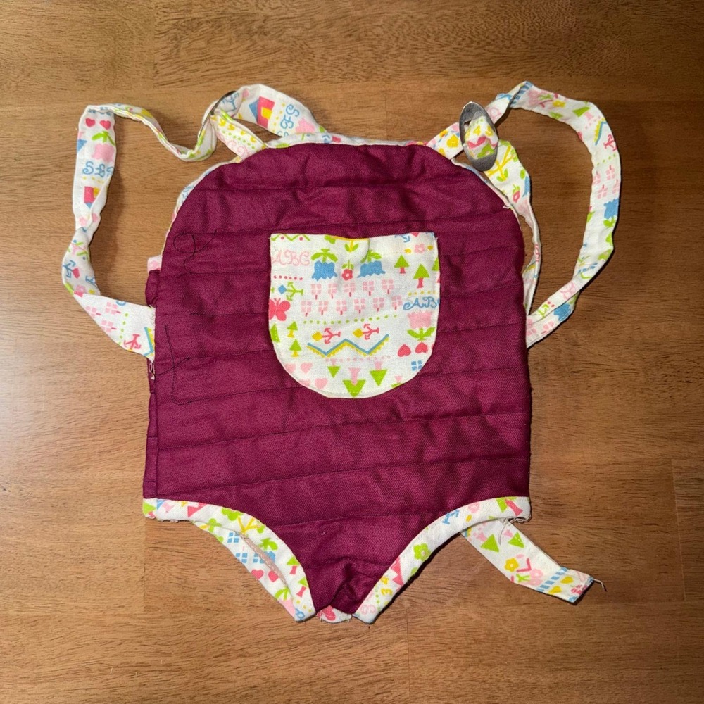 Vintage Quilted Doll Carrier Burgundy ABC Floral Print Toy Accessory